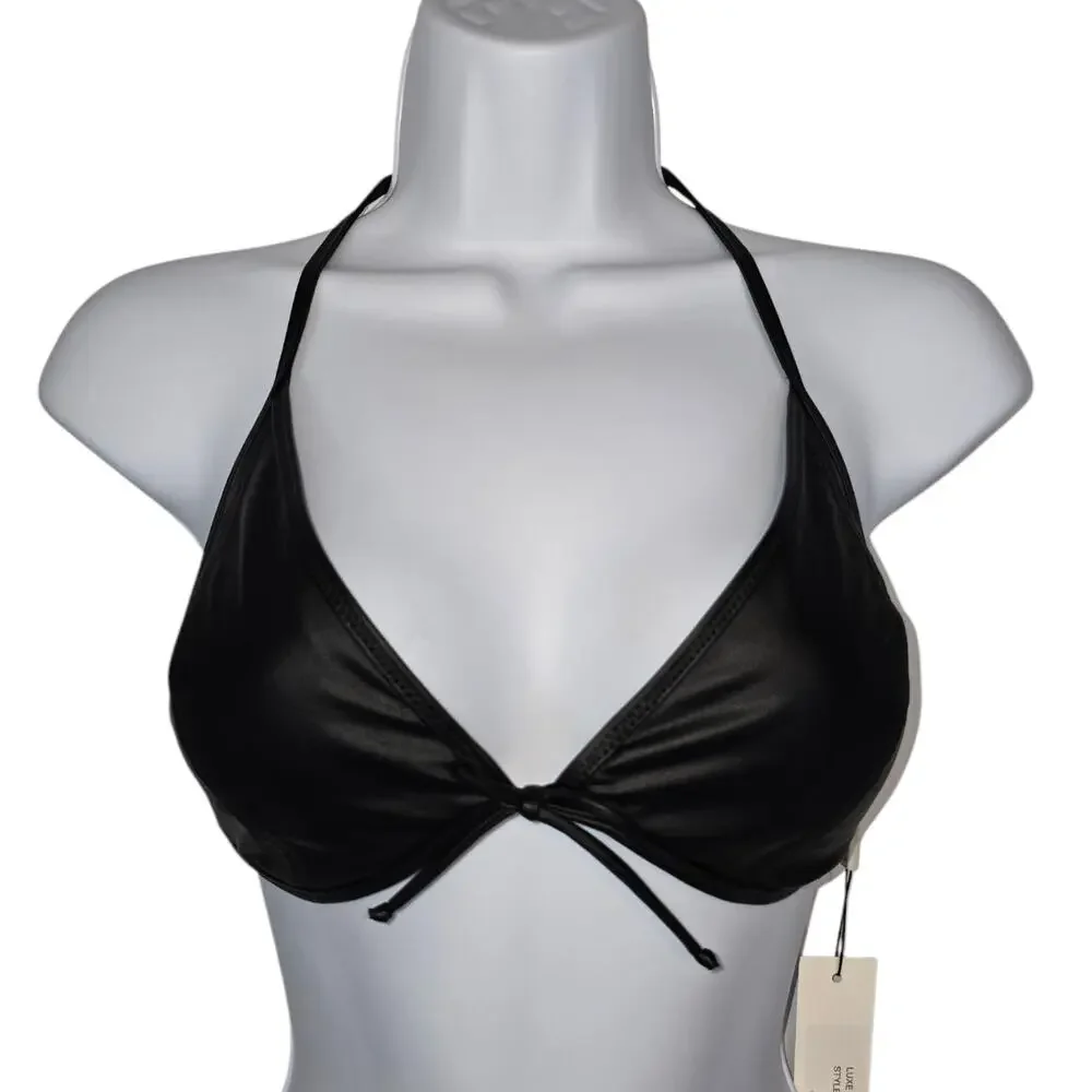 L'Agence Annabelle Faux Leather Bikini Top Black Triangle Tie Closure Small NEW